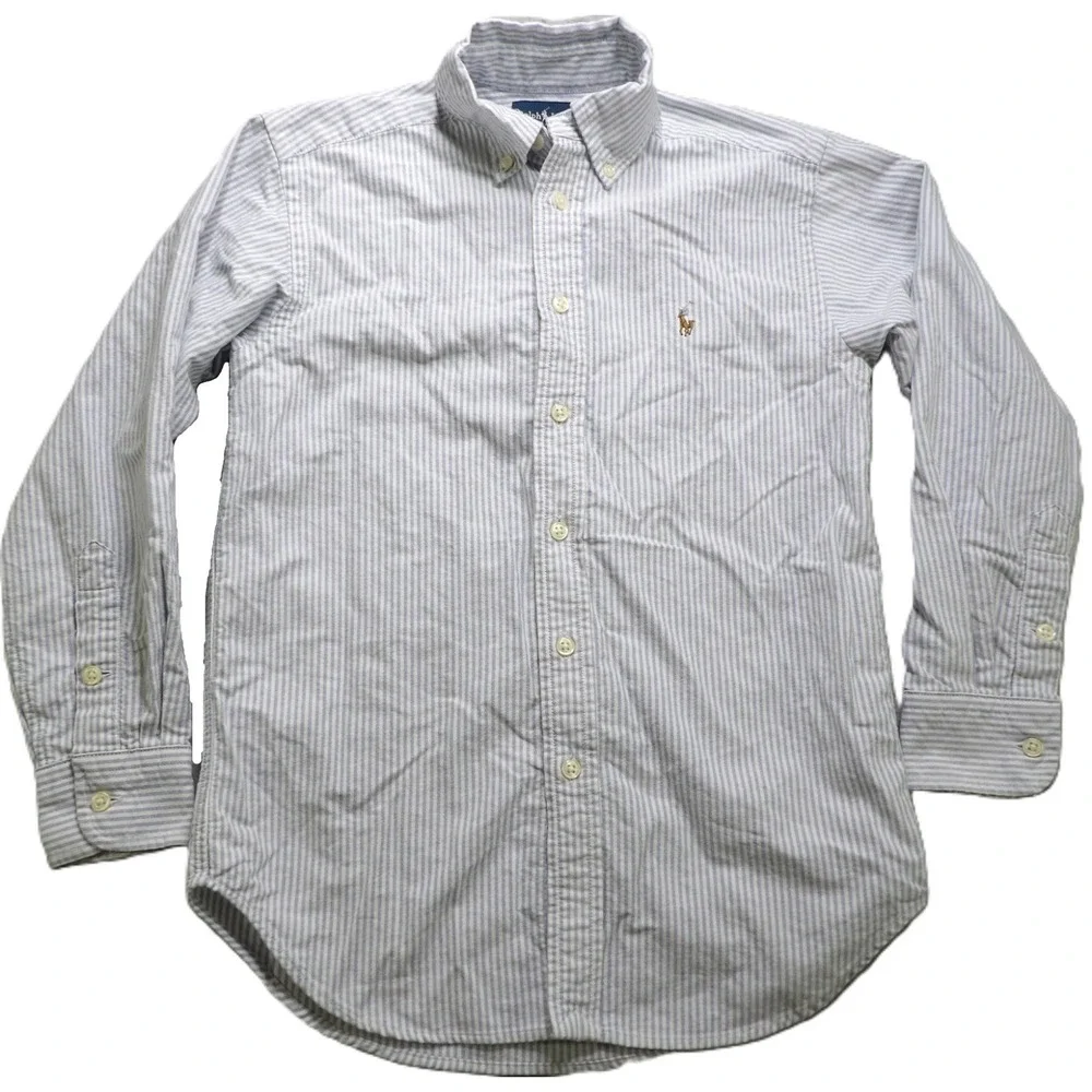 Ralph Lauren Boys Stripe Oxford Shirt Cotton Button Down 8 Light Blue White Pony